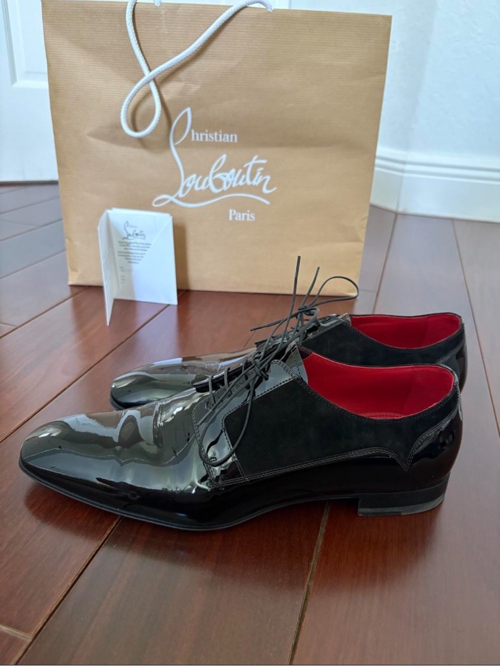 Christian Louboutin Black Patent & Suede Lace-Up Dress Shoes with Red Interior